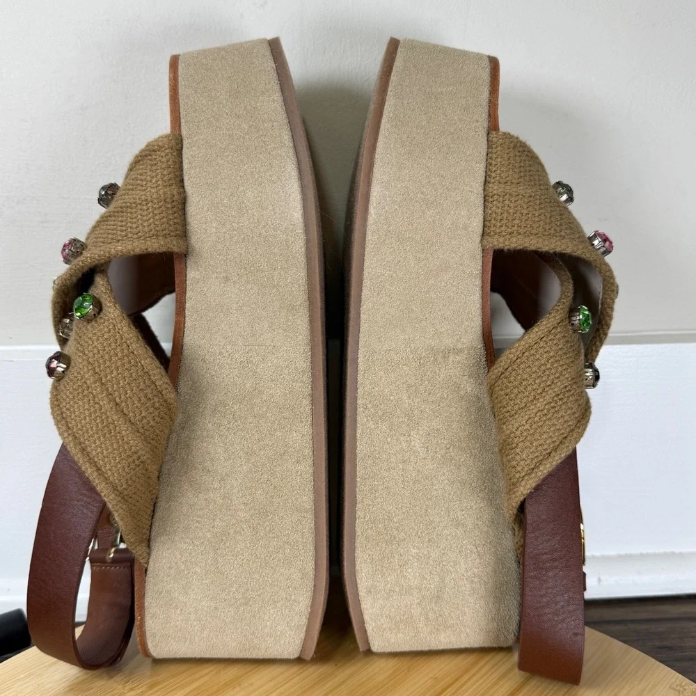 Free People Beach Club Platform Sandals Womens 8 Tan Jeweled Boho Chunky Shoes